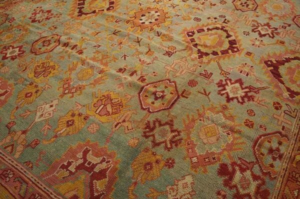 Antique turkish oushak rug 11'×13' sky blue & gold, tribal design, circa 1890 5 Antique turkish oushak rug 11'×13' sky blue & gold, tribal design, circa 1890 - detail view 4