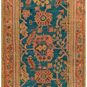 Antique Turkish Oushak Rug 3'×7' Teal Blue, Pumpkin Border, Circa 1900