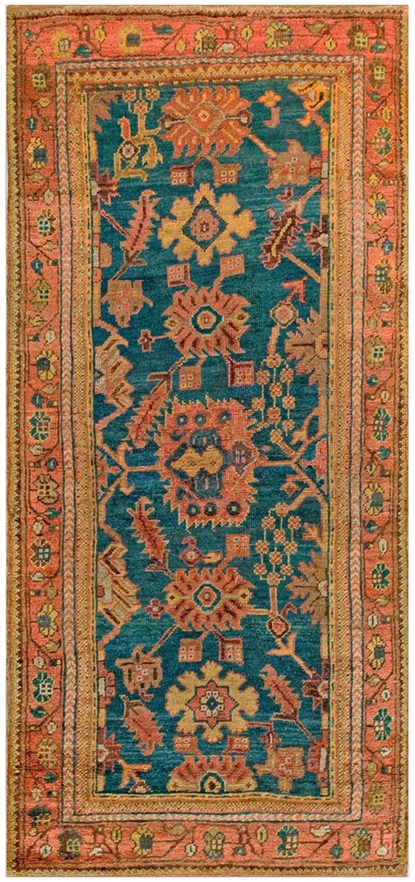 Antique turkish oushak rug 3'×7' teal blue, pumpkin border, circa 1900 1 Antique turkish oushak rug 3'×7' teal blue, pumpkin border, circa 1900
