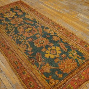 Antique Turkish Oushak Rug 3'×7' Teal Blue, Pumpkin Border, Circa 1900 - detail view 1