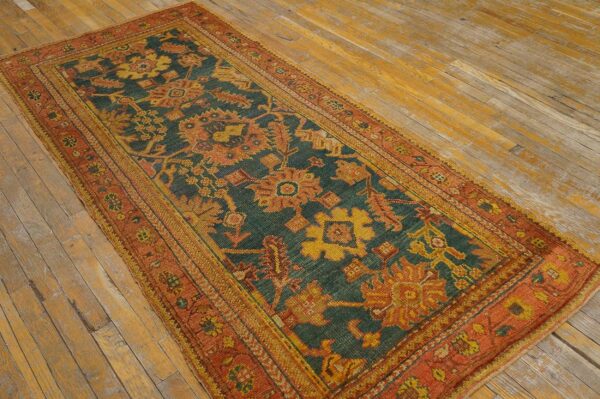 Antique turkish oushak rug 3'×7' teal blue, pumpkin border, circa 1900 2 Antique turkish oushak rug 3'×7' teal blue, pumpkin border, circa 1900 - detail view 1
