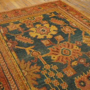 Antique Turkish Oushak Rug 3'×7' Teal Blue, Pumpkin Border, Circa 1900 - detail view 2