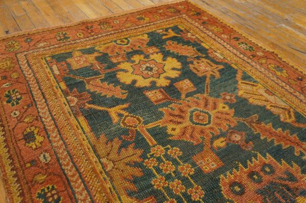 Antique turkish oushak rug 3'×7' teal blue, pumpkin border, circa 1900 3 Antique turkish oushak rug 3'×7' teal blue, pumpkin border, circa 1900 - detail view 2