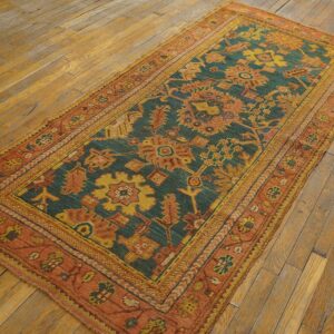 Antique Turkish Oushak Rug 3'×7' Teal Blue, Pumpkin Border, Circa 1900 - detail view 3