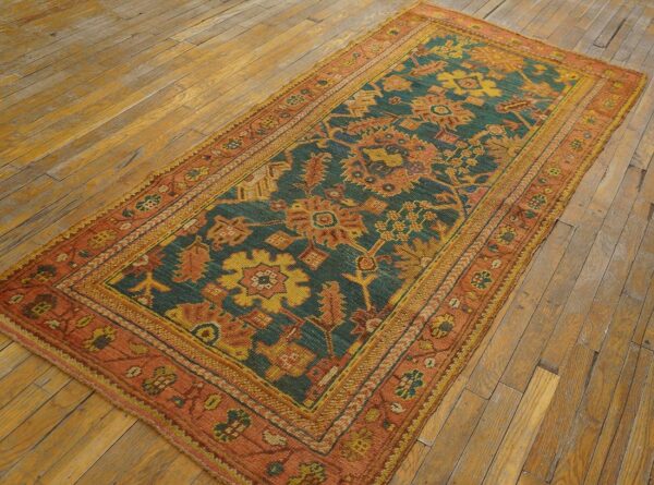 Antique turkish oushak rug 3'×7' teal blue, pumpkin border, circa 1900 4 Antique turkish oushak rug 3'×7' teal blue, pumpkin border, circa 1900 - detail view 3