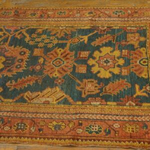 Antique Turkish Oushak Rug 3'×7' Teal Blue, Pumpkin Border, Circa 1900 - detail view 4