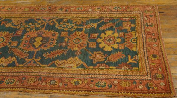 Antique turkish oushak rug 3'×7' teal blue, pumpkin border, circa 1900 5 Antique turkish oushak rug 3'×7' teal blue, pumpkin border, circa 1900 - detail view 4