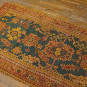 Antique Turkish Oushak Rug 3'×7' Teal Blue, Pumpkin Border, Circa 1900 - detail view 5