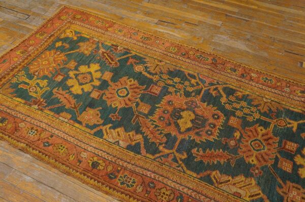 Antique turkish oushak rug 3'×7' teal blue, pumpkin border, circa 1900 6 Antique turkish oushak rug 3'×7' teal blue, pumpkin border, circa 1900 - detail view 5