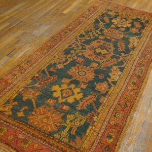 Antique Turkish Oushak Rug 3'×7' Teal Blue, Pumpkin Border, Circa 1900 - detail view 6
