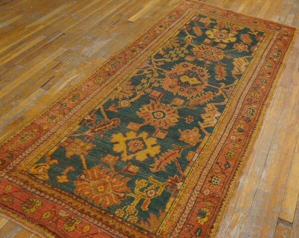 Antique turkish oushak rug 3'×7' teal blue, pumpkin border, circa 1900 7 Antique turkish oushak rug 3'×7' teal blue, pumpkin border, circa 1900 - detail view 6