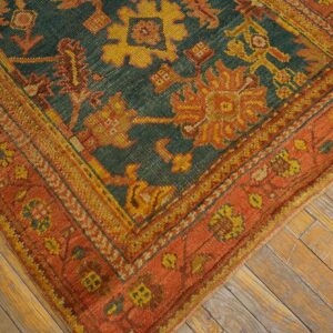 Antique Turkish Oushak Rug 3'×7' Teal Blue, Pumpkin Border, Circa 1900 - detail view 7
