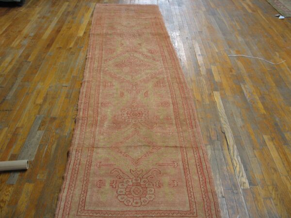 Antique turkish oushak runner 3'×12' rose medallion, hand-knotted wool, 1920s 6 Antique turkish oushak runner 3'×12' rose medallion, hand-knotted wool, 1920s - detail view 5