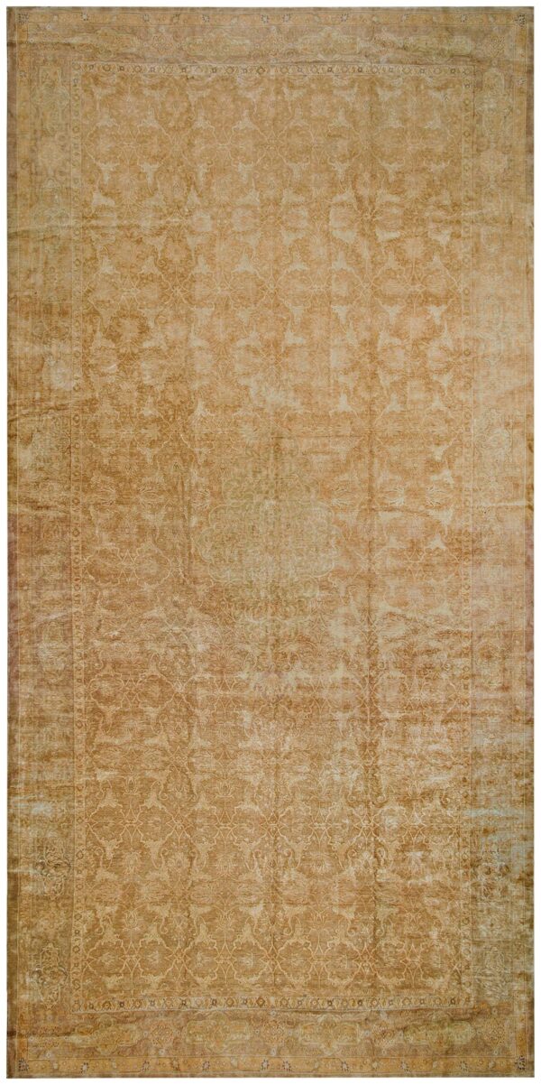 Antique turkish sivas carpet 11'×22'8" ochre medallion, hand-knotted wool, circa 1930