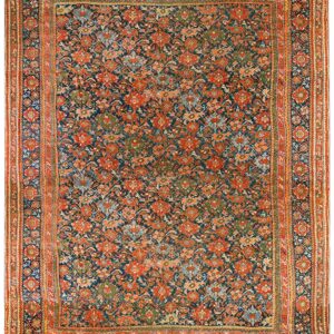 Antique Turkish Smyrna Oushak Carpet 15'6"×19'10" Navy & Red, Early 19th Century, Circa 1820