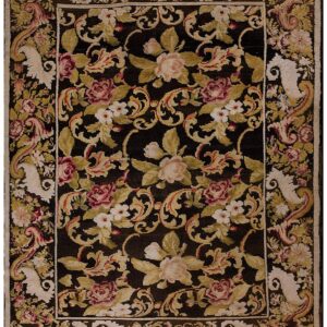 Antique Ukrainian Pile Carpet 7'3"×9'3" Chocolate Brown & Moss Green, Floral Roses, 1860s