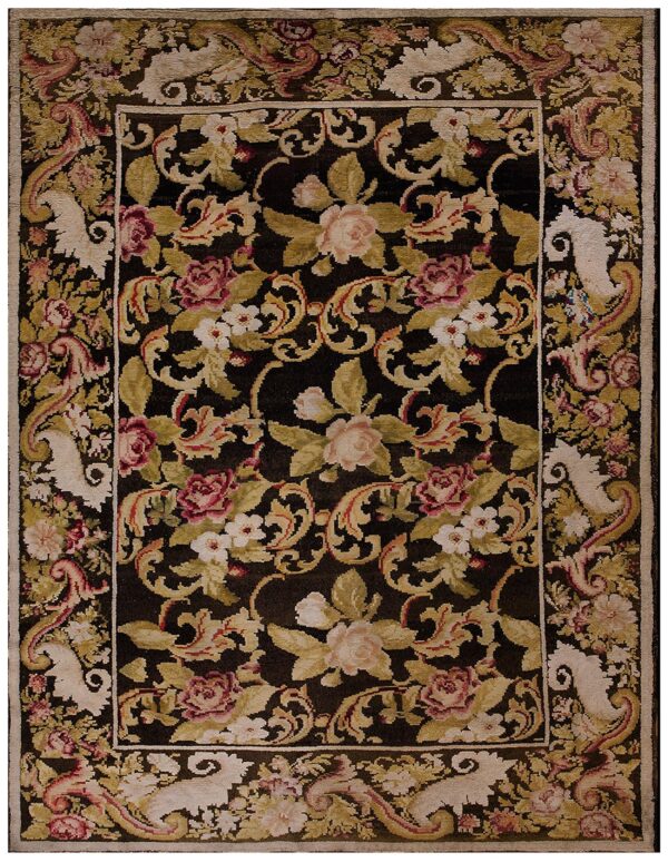Antique ukrainian pile carpet 7'3"×9'3" chocolate brown & moss green, floral roses, 1860s