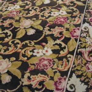 Antique Ukrainian Pile Carpet 7'3"×9'3" Chocolate Brown & Moss Green, Floral Roses, 1860s - detail view 1