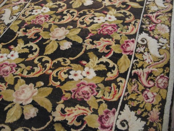 Antique ukrainian pile carpet 7'3"×9'3" chocolate brown & moss green, floral roses, 1860s - detail view 1