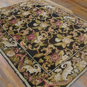 Antique Ukrainian Pile Carpet 7'3"×9'3" Chocolate Brown & Moss Green, Floral Roses, 1860s - detail view 2
