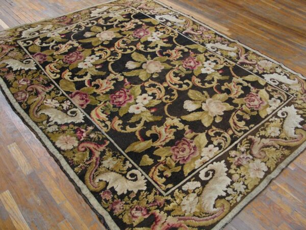 Antique ukrainian pile carpet 7'3"×9'3" chocolate brown & moss green, floral roses, 1860s - detail view 2