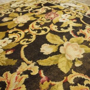 Antique Ukrainian Pile Carpet 7'3"×9'3" Chocolate Brown & Moss Green, Floral Roses, 1860s - detail view 3