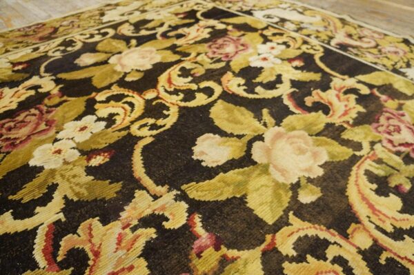 Antique ukrainian pile carpet 7'3"×9'3" chocolate brown & moss green, floral roses, 1860s - detail view 3