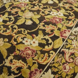 Antique Ukrainian Pile Carpet 7'3"×9'3" Chocolate Brown & Moss Green, Floral Roses, 1860s - detail view 4