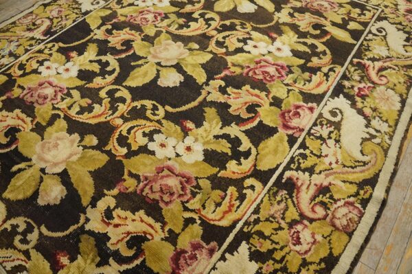 Antique ukrainian pile carpet 7'3"×9'3" chocolate brown & moss green, floral roses, 1860s - detail view 4