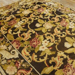 Antique Ukrainian Pile Carpet 7'3"×9'3" Chocolate Brown & Moss Green, Floral Roses, 1860s - detail view 5
