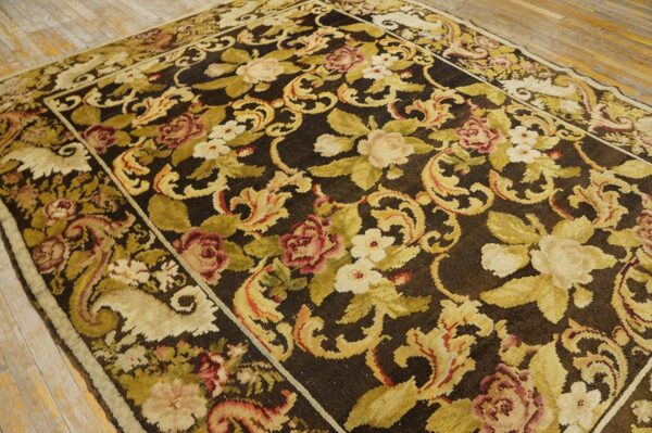 Antique ukrainian pile carpet 7'3"×9'3" chocolate brown & moss green, floral roses, 1860s - detail view 5