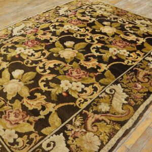 Antique Ukrainian Pile Carpet 7'3"×9'3" Chocolate Brown & Moss Green, Floral Roses, 1860s - detail view 6