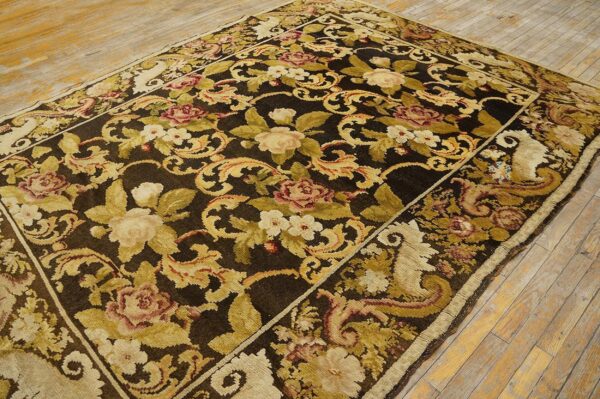 Antique ukrainian pile carpet 7'3"×9'3" chocolate brown & moss green, floral roses, 1860s - detail view 6