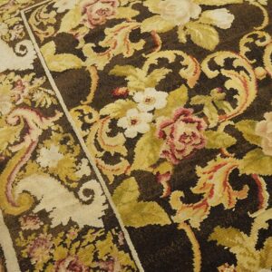 Antique Ukrainian Pile Carpet 7'3"×9'3" Chocolate Brown & Moss Green, Floral Roses, 1860s - detail view 7