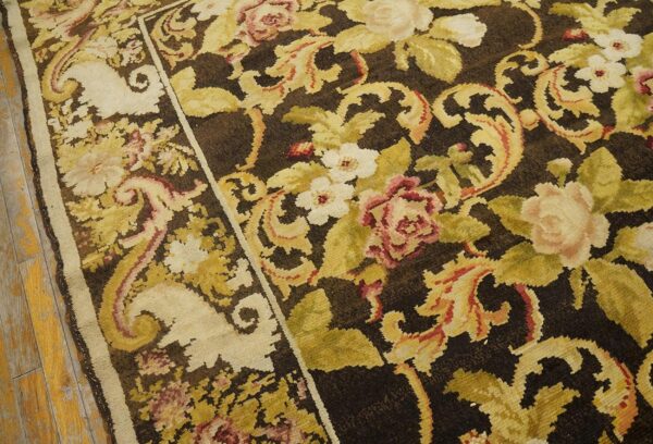 Antique ukrainian pile carpet 7'3"×9'3" chocolate brown & moss green, floral roses, 1860s - detail view 7