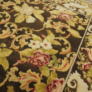 Antique Ukrainian Pile Carpet 7'3"×9'3" Chocolate Brown & Moss Green, Floral Roses, 1860s - detail view 8