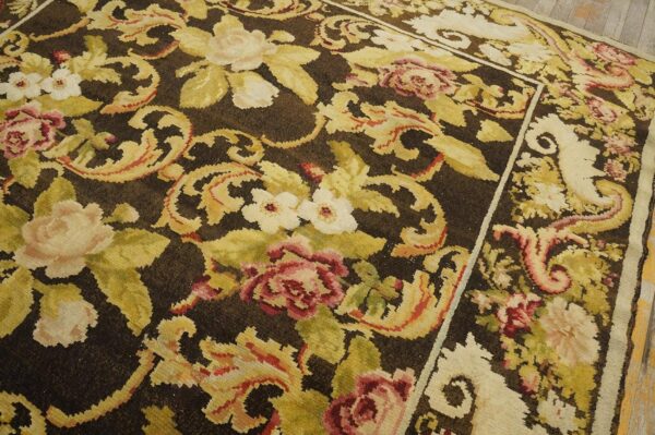 Antique ukrainian pile carpet 7'3"×9'3" chocolate brown & moss green, floral roses, 1860s - detail view 8