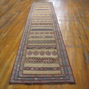 Antique W. Persian Bijar Carpet 3'4"×17' Camel & Blue Long Runner, Circa 1880 - detail view 2