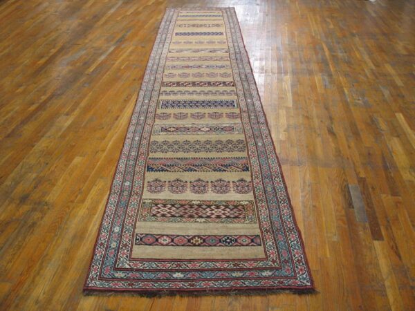 Antique w. Persian bijar carpet 3'4"×17' camel & blue long runner, circa 1880 - detail view 2