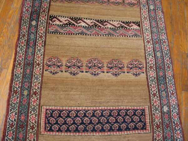 Antique w. Persian bijar carpet 3'4"×17' camel & blue long runner, circa 1880 - detail view 3