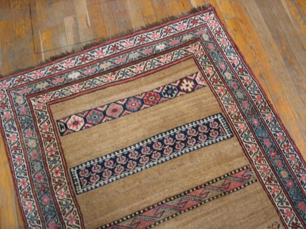 Antique w. Persian bijar carpet 3'4"×17' camel & blue long runner, circa 1880 - detail view 4