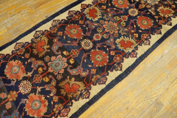 Antique w. Persian bijar carpet 2'4"ã—9'9" navy & ivory long runner, circa 1880 - detail view 9