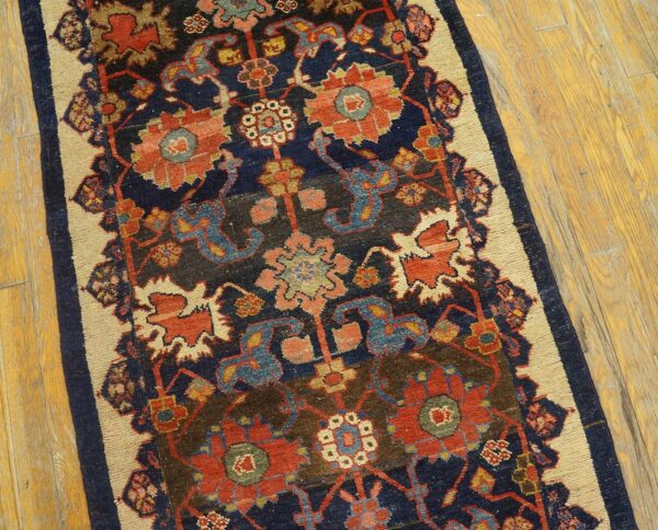 Antique w. Persian bijar carpet 2'4"ã—9'9" navy & ivory long runner, circa 1880 - detail view 10