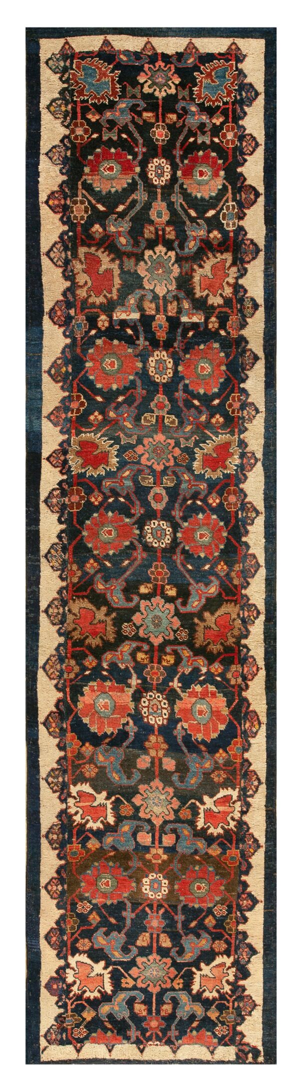 Antique w. Persian bijar carpet 2'4"ã—9'9" navy & ivory long runner, circa 1880 - detail view 1