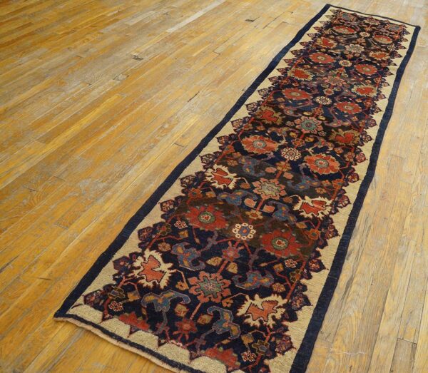 Antique w. Persian bijar carpet 2'4"ã—9'9" navy & ivory long runner, circa 1880 - detail view 2