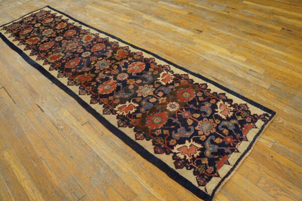 Antique w. Persian bijar carpet 2'4"ã—9'9" navy & ivory long runner, circa 1880 - detail view 3