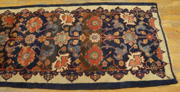 Antique w. Persian bijar carpet 2'4"ã—9'9" navy & ivory long runner, circa 1880 - detail view 4