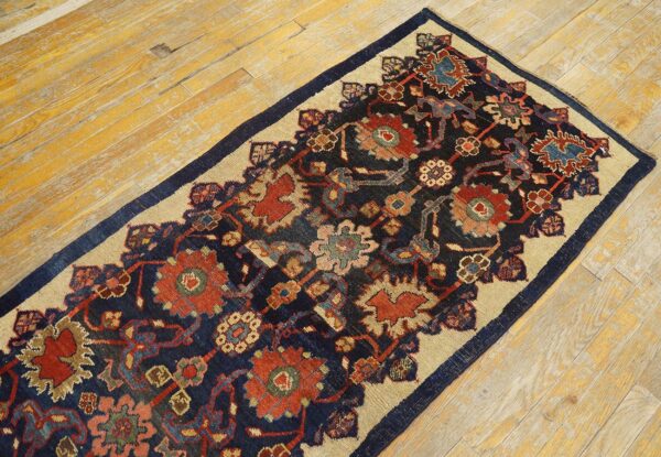 Antique w. Persian bijar carpet 2'4"ã—9'9" navy & ivory long runner, circa 1880 - detail view 5