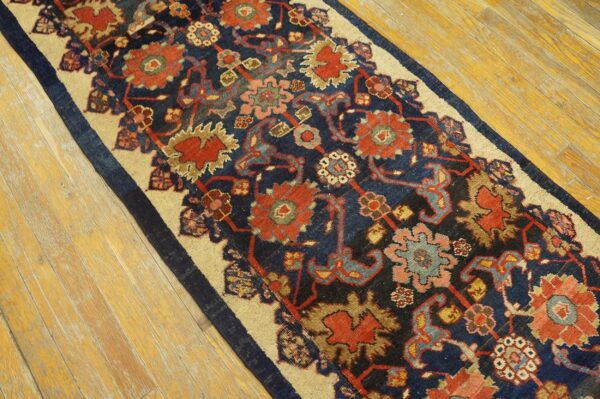 Antique w. Persian bijar carpet 2'4"ã—9'9" navy & ivory long runner, circa 1880 - detail view 6