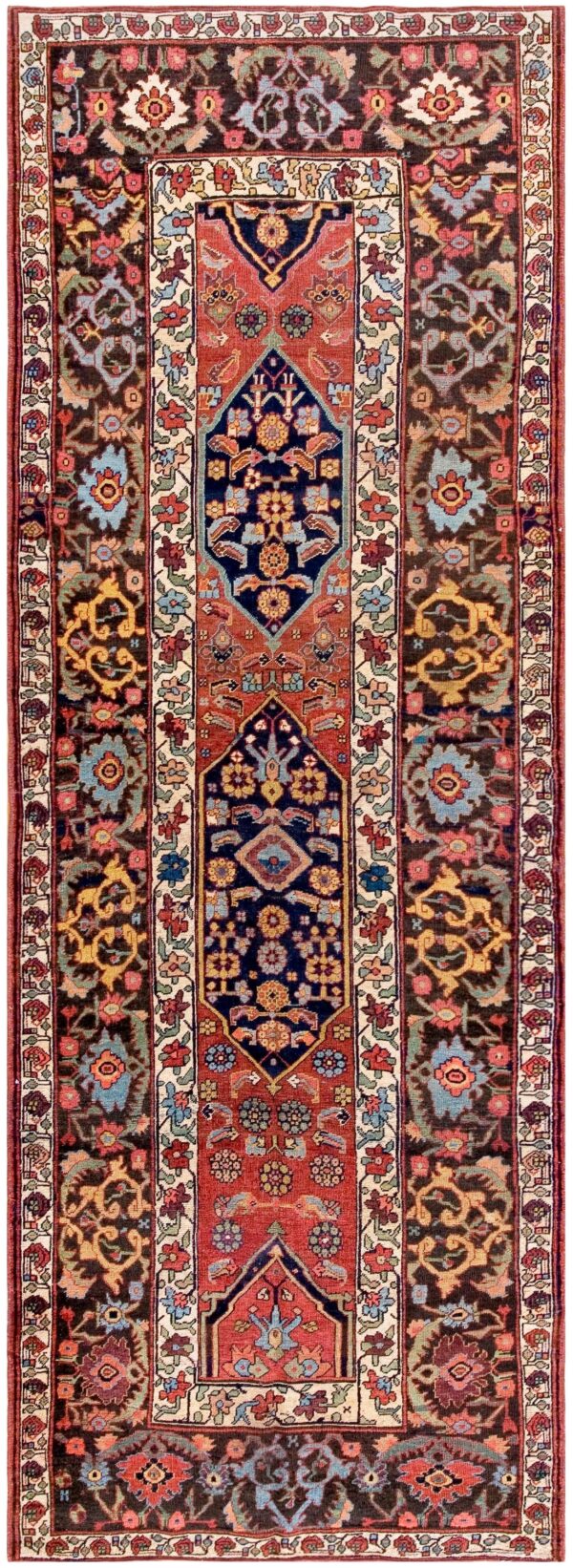 Antique w. Persian bijar carpet 4'10"ã—14' rust field, brown border, long format, circa 1890